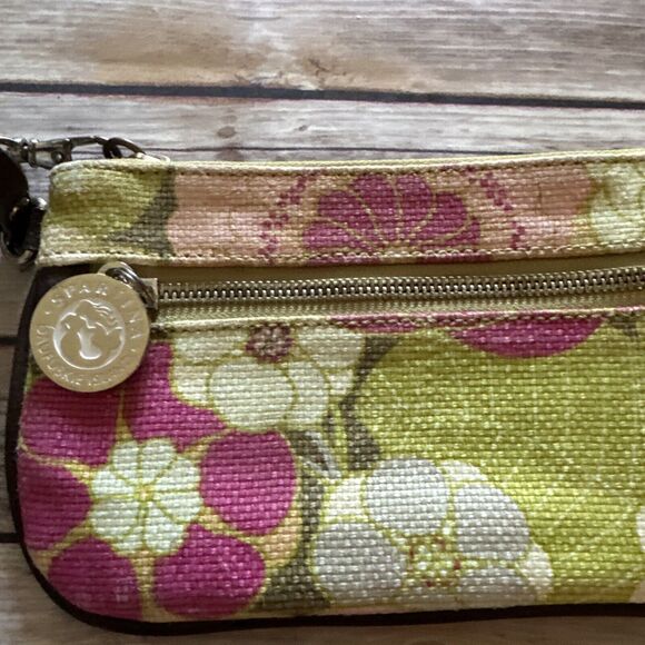 Spartina 448 - Multicolor Linen Wristlet  Leather Accents Green Pink - Picture 2 of 5